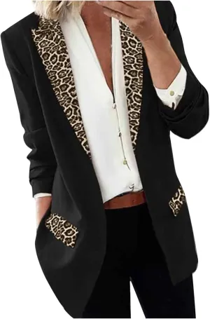 Women's Fahion Leopard Notch Laple Blazer Jackets Casual Office Suit Outwear Dressy Spring Fall Coats