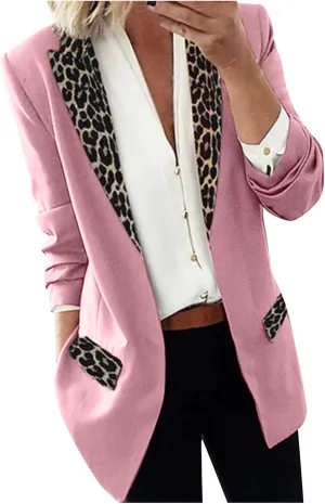 Women's Fahion Leopard Notch Laple Blazer Jackets Casual Office Suit Outwear Dressy Spring Fall Coats
