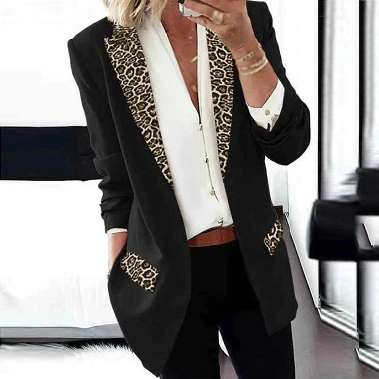 Women's Fahion Leopard Notch Laple Blazer Jackets Casual Office Suit Outwear Dressy Spring Fall Coats