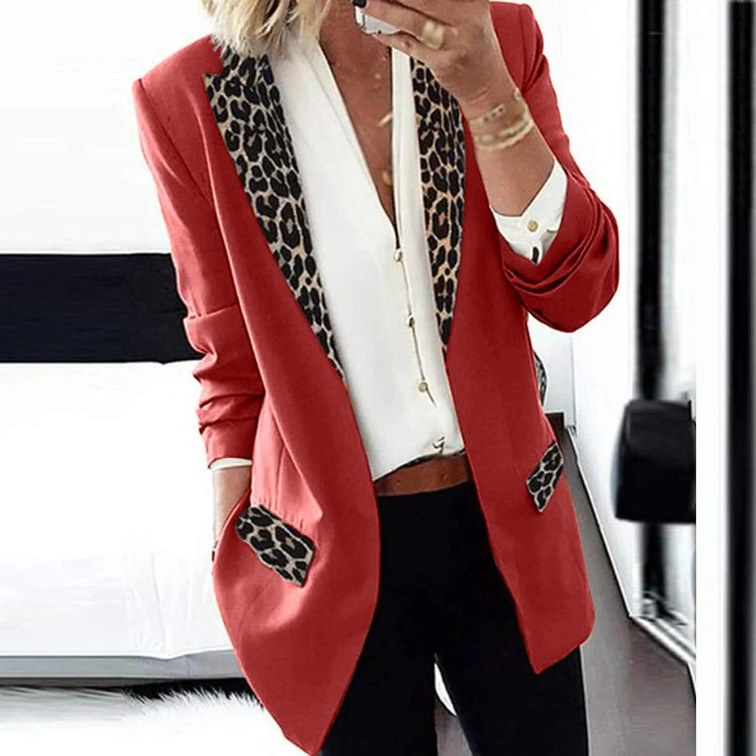 Women's Fahion Leopard Notch Laple Blazer Jackets Casual Office Suit Outwear Dressy Spring Fall Coats