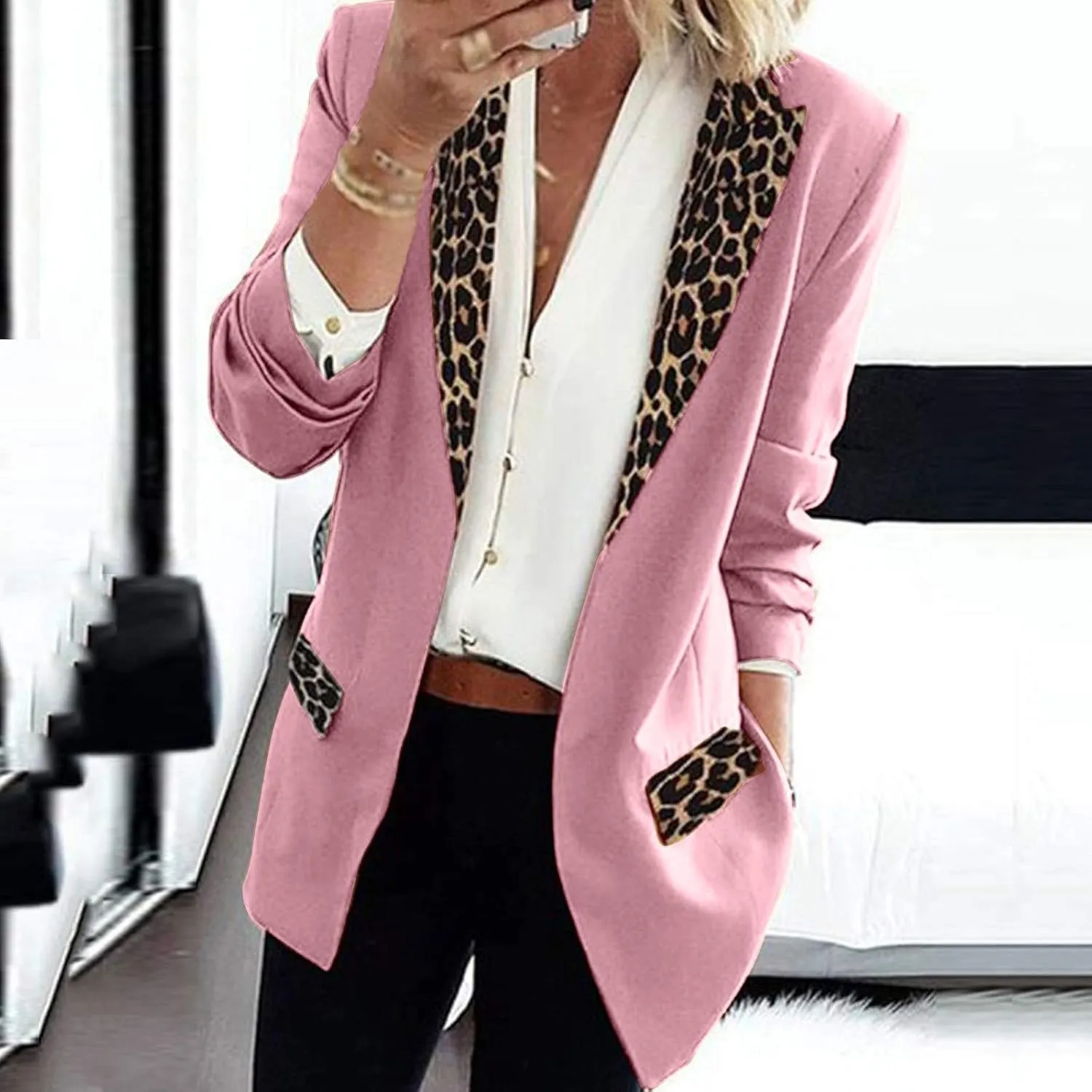Women's Fahion Leopard Notch Laple Blazer Jackets Casual Office Suit Outwear Dressy Spring Fall Coats