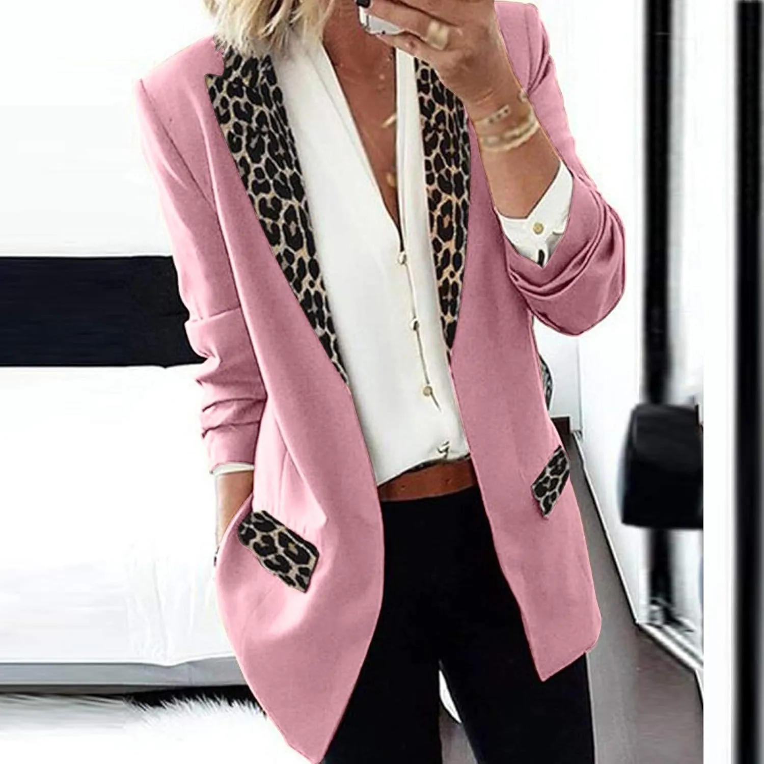 Women's Fahion Leopard Notch Laple Blazer Jackets Casual Office Suit Outwear Dressy Spring Fall Coats