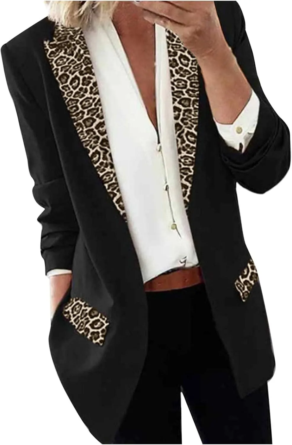 Women's Fahion Leopard Notch Laple Blazer Jackets Casual Office Suit Outwear Dressy Spring Fall Coats