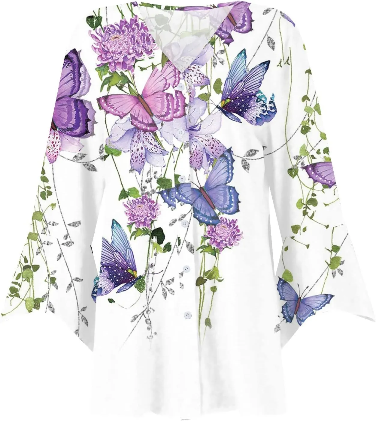 Women's Floral Print Bell 3/4 Sleeve Cardigan Lightweight Open Front Button Down Cover Up Casual Blouse Tops