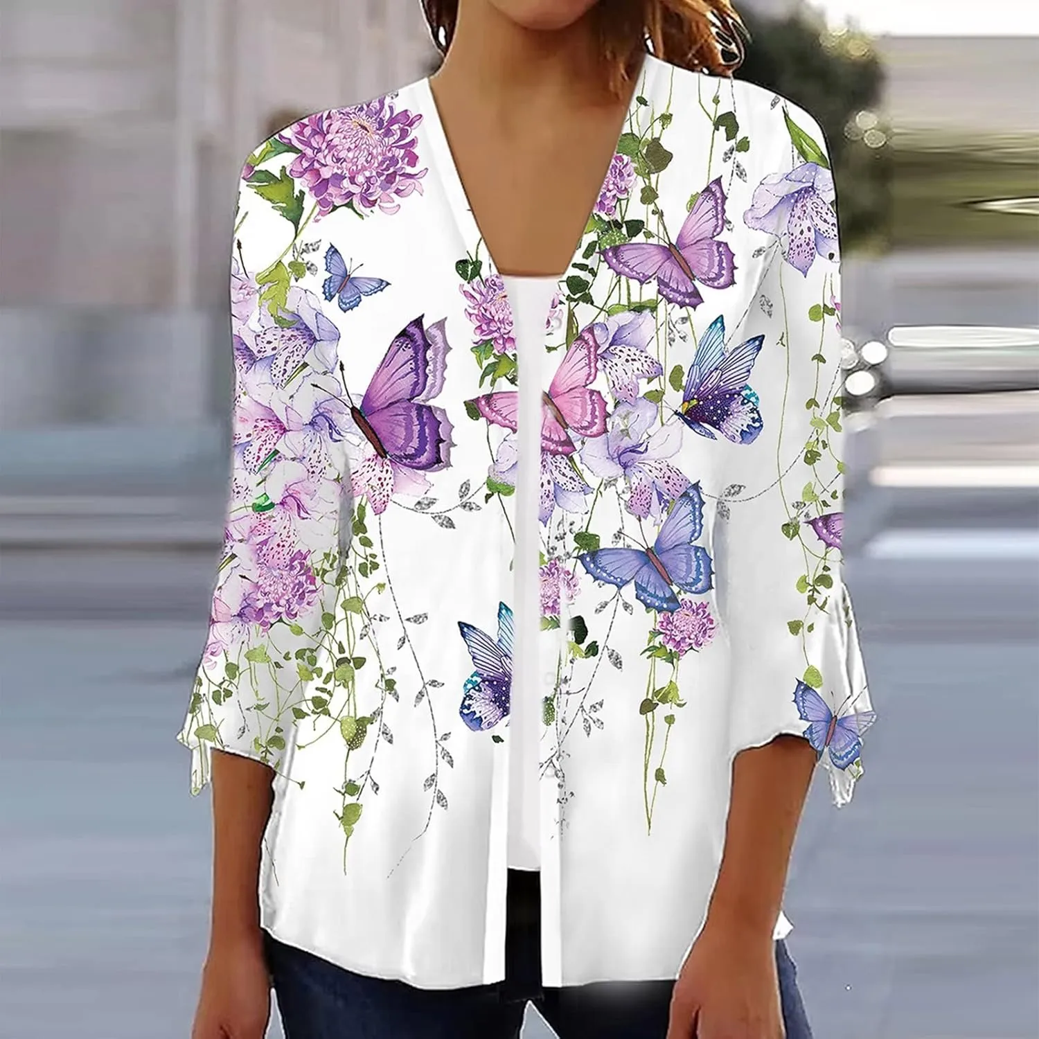 Women's Floral Print Bell 3/4 Sleeve Cardigan Lightweight Open Front Button Down Cover Up Casual Blouse Tops
