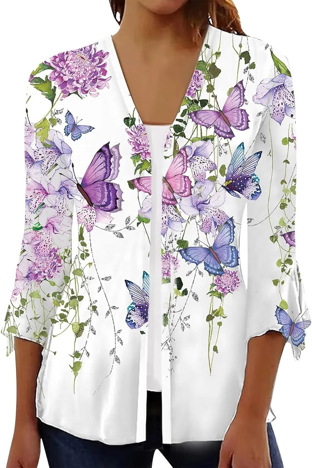 Women's Floral Print Bell 3/4 Sleeve Cardigan Lightweight Open Front Button Down Cover Up Casual Blouse Tops