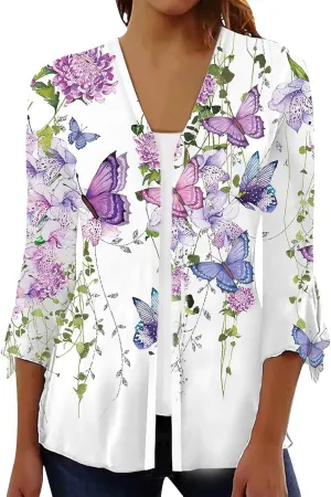 Women's Floral Print Bell 3/4 Sleeve Cardigan Lightweight Open Front Button Down Cover Up Casual Blouse Tops