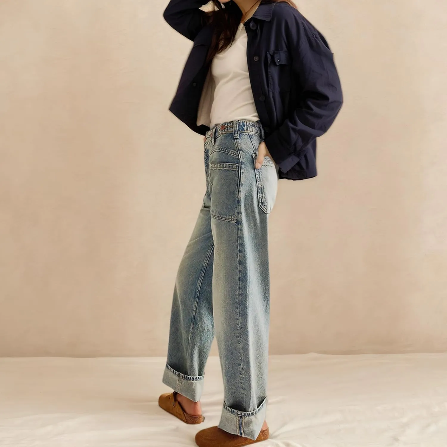 Womens Jeans Mid Rise Relaxed Wide Leg SilhouetteBaggy Boyfriend Sweatpants Jeans