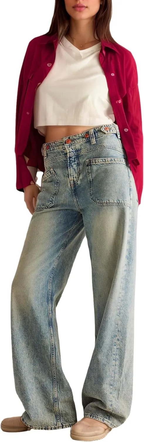 Womens Jeans Mid Rise Relaxed Wide Leg SilhouetteBaggy Boyfriend Sweatpants Jeans