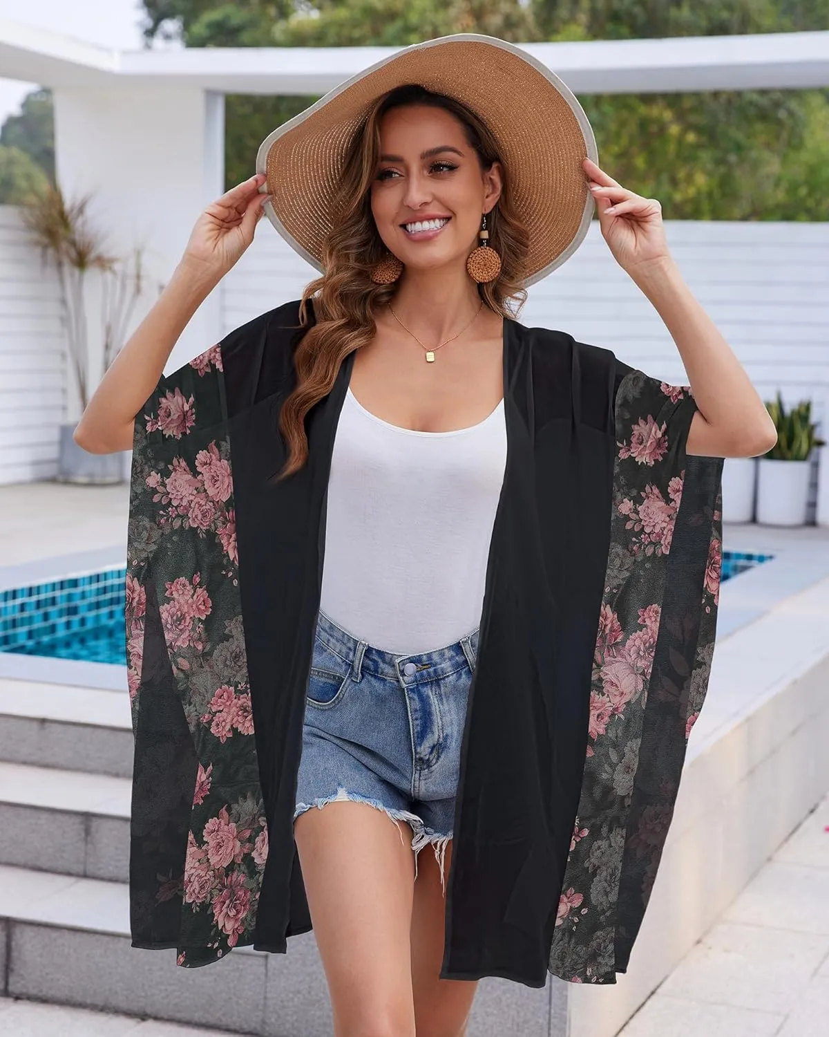 Womens Kimono Beach Cover Up Floral Chiffon Cardigan Tops Lightweight Summer Open Front Kimono Tops