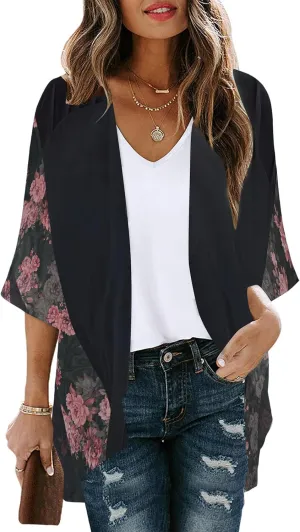 Womens Kimono Beach Cover Up Floral Chiffon Cardigan Tops Lightweight Summer Open Front Kimono Tops