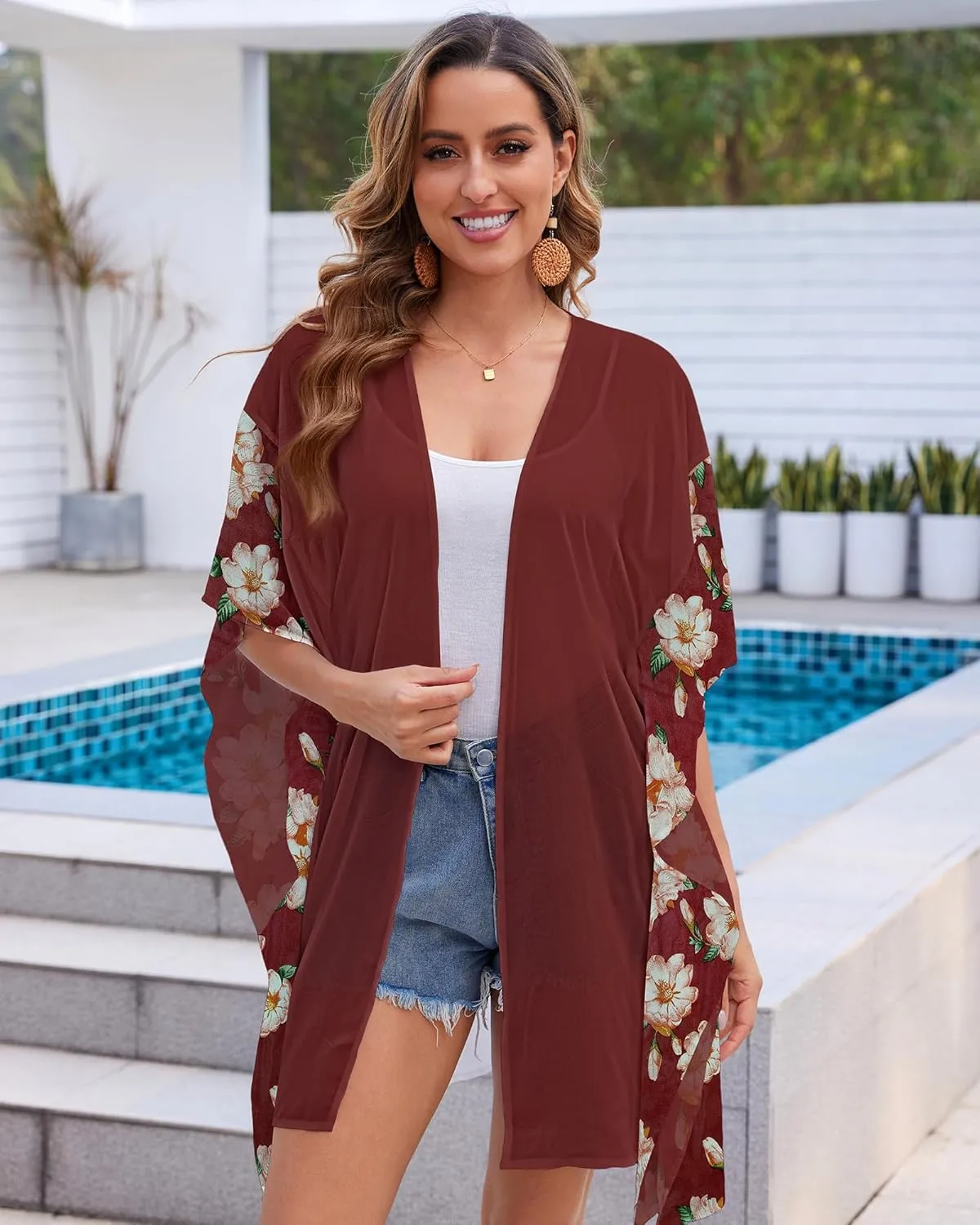 Womens Kimono Beach Cover Up Floral Chiffon Cardigan Tops Lightweight Summer Open Front Kimono Tops