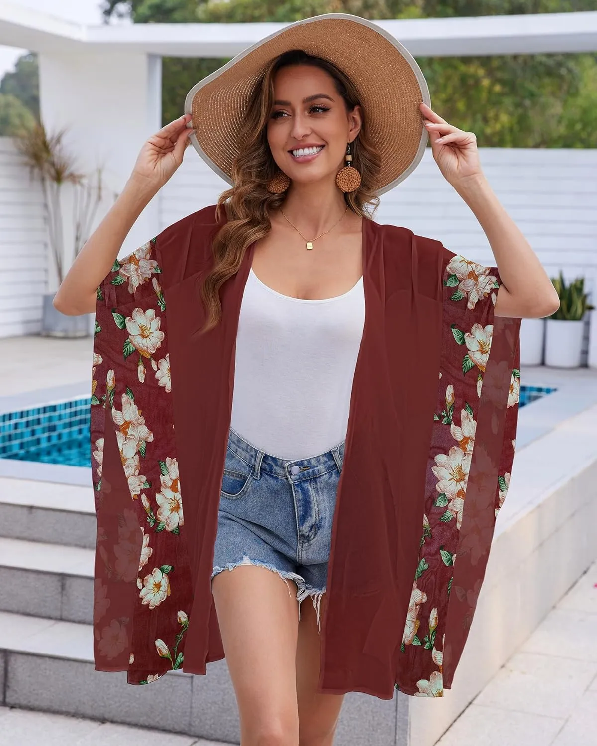 Womens Kimono Beach Cover Up Floral Chiffon Cardigan Tops Lightweight Summer Open Front Kimono Tops