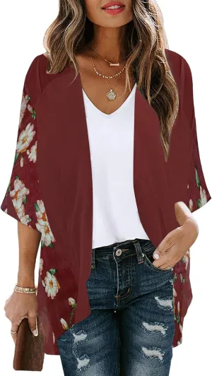 Womens Kimono Beach Cover Up Floral Chiffon Cardigan Tops Lightweight Summer Open Front Kimono Tops