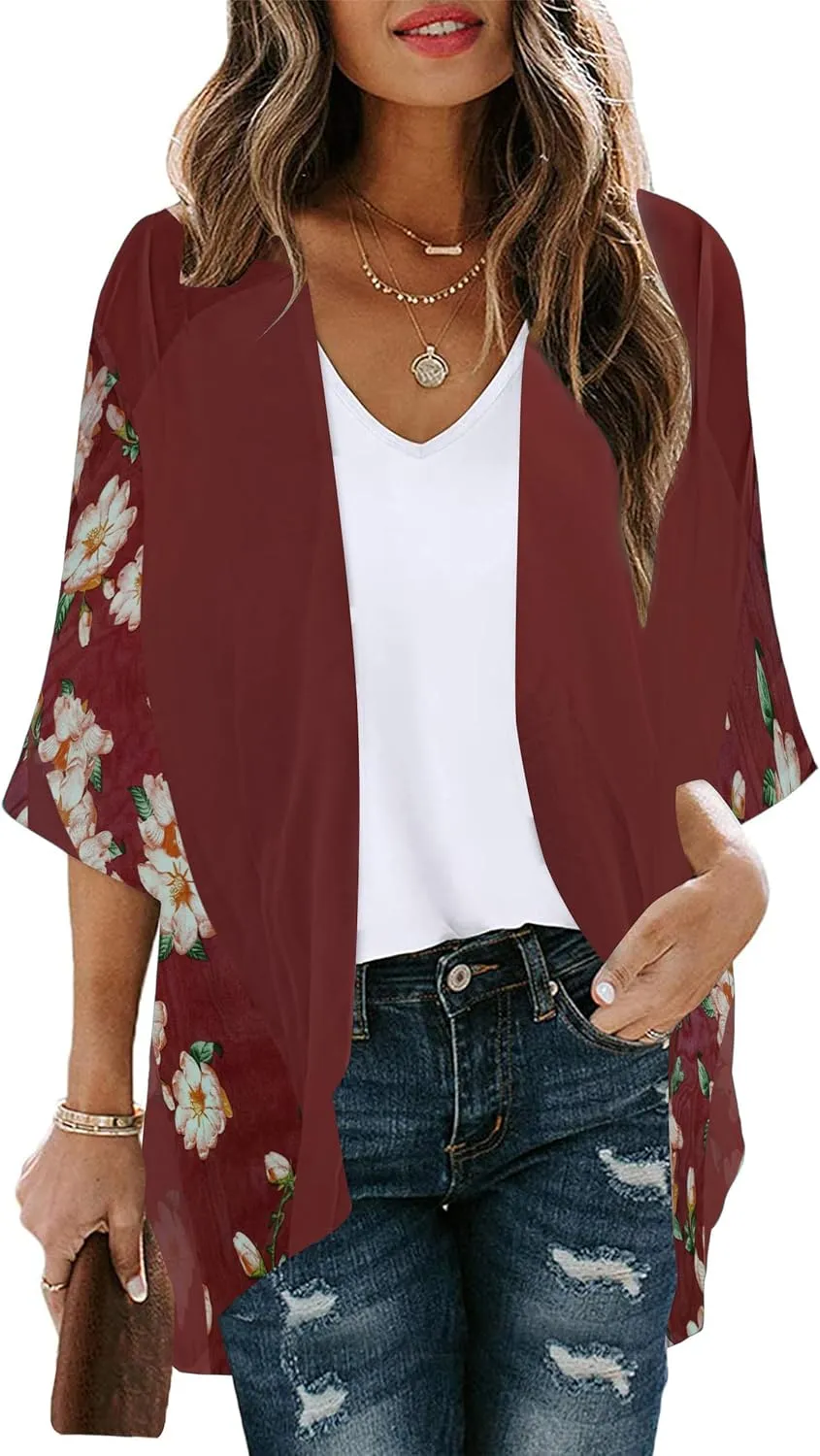 Womens Kimono Beach Cover Up Floral Chiffon Cardigan Tops Lightweight Summer Open Front Kimono Tops