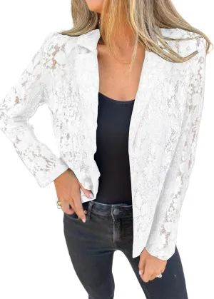 Women's Lace Blazer Open Front 3/4 Sleeve Button Down Sheer Mesh Lace Blazers Elegant Casual Blazer Jacket