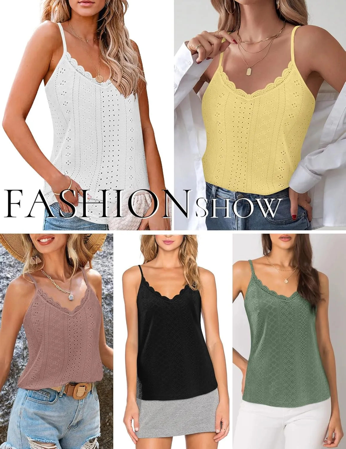 Womens Lace Camisole Tops V Neck Spaghetti Strap Cute Top Sleeveless Blouses Loose Fit Eyelet Tops for Women