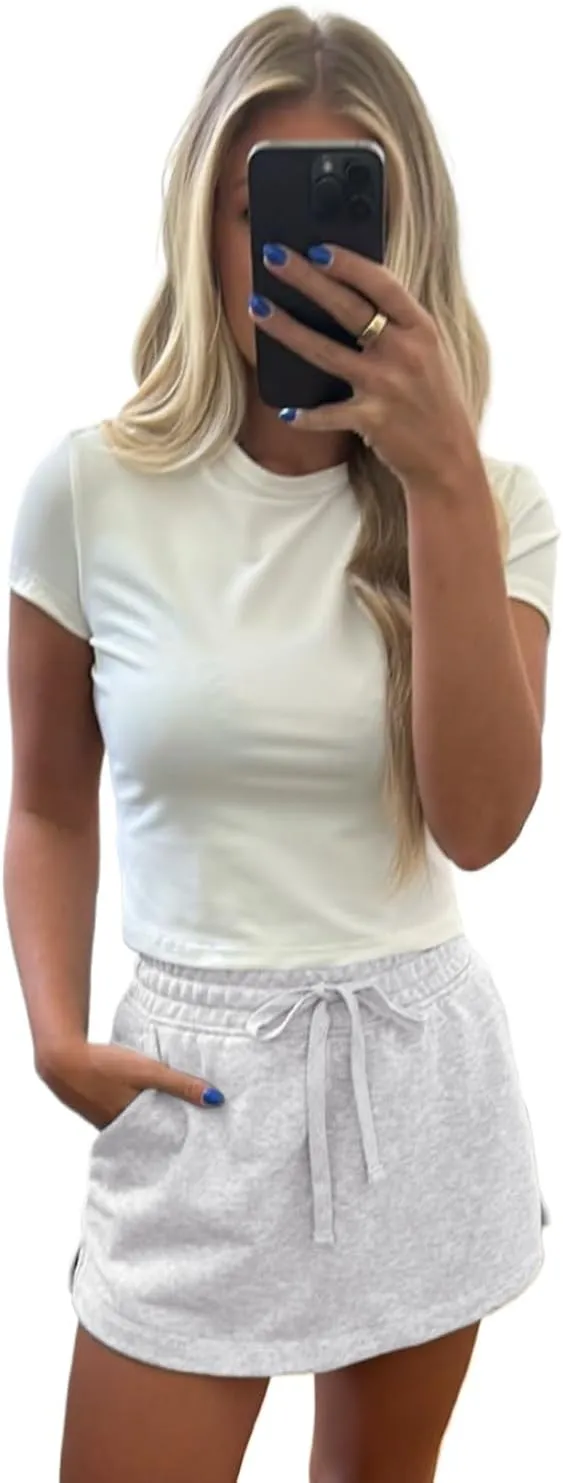 Women's Light Grey French Terry Drawstring Mini Skort with Pockets
