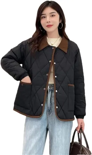 Women's Light Parkas Coat Lapel Loose Jacket Contrast Warm Cotton Padded Coat Short Overcoat black XXL