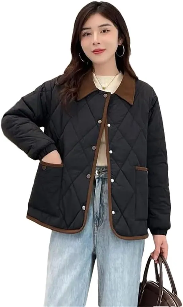 Women's Light Parkas Coat Lapel Loose Jacket Contrast Warm Cotton Padded Coat Short Overcoat black XXL