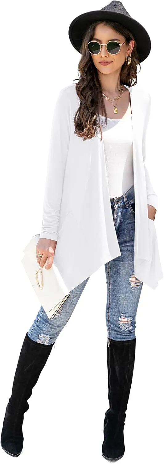 Women's Lightweight Cardigan Casual Soft Long Sleeve Floral Knit Cardigans with Pockets High Low Hem Draped Duster