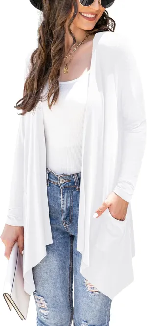 Women's Lightweight Cardigan Casual Soft Long Sleeve Floral Knit Cardigans with Pockets High Low Hem Draped Duster