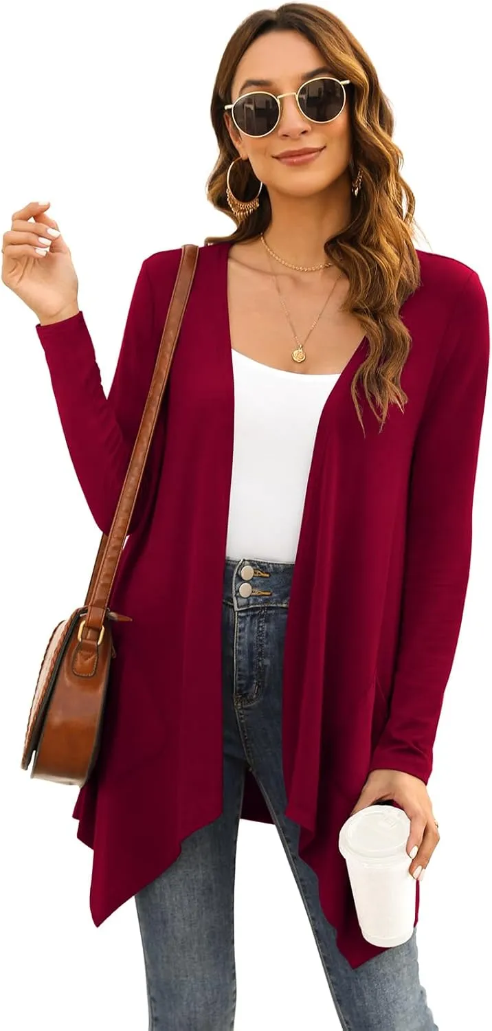 Women's Lightweight Cardigan Casual Soft Long Sleeve Floral Knit Cardigans with Pockets High Low Hem Draped Duster