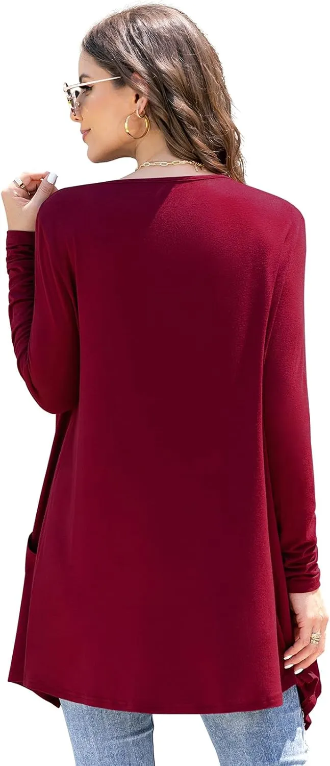 Women's Lightweight Cardigan Casual Soft Long Sleeve Floral Knit Cardigans with Pockets High Low Hem Draped Duster