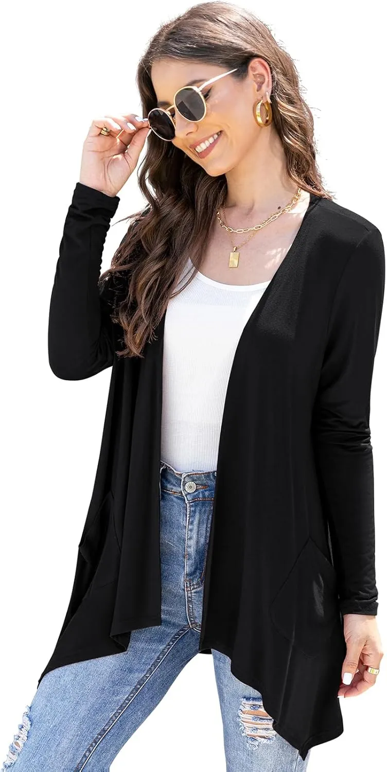 Women's Lightweight Cardigan Casual Soft Long Sleeve Floral Knit Cardigans with Pockets High Low Hem Draped Duster