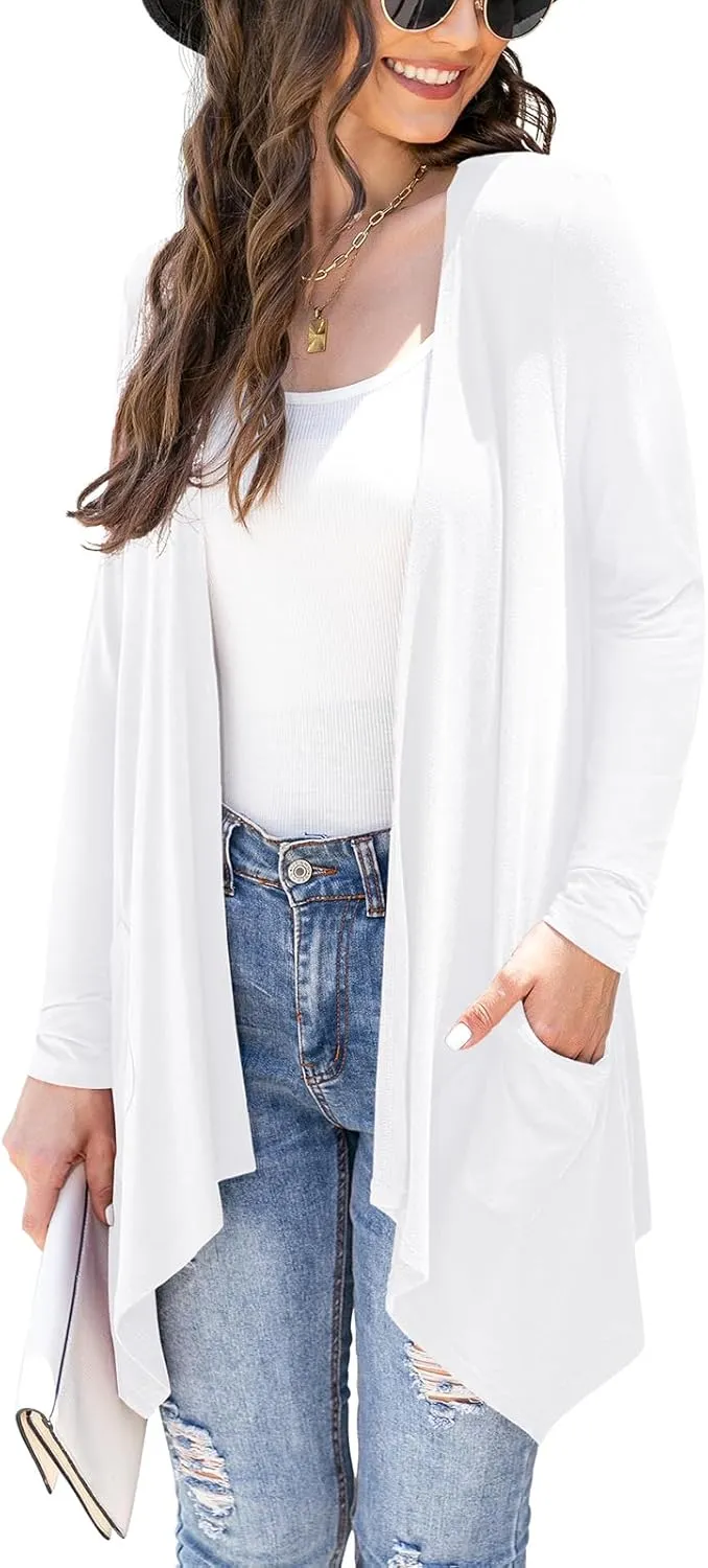 Women's Lightweight Cardigan Casual Soft Long Sleeve Floral Knit Cardigans with Pockets High Low Hem Draped Duster
