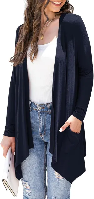 Women's Lightweight Cardigan Casual Soft Long Sleeve Floral Knit Cardigans with Pockets High Low Hem Draped Duster
