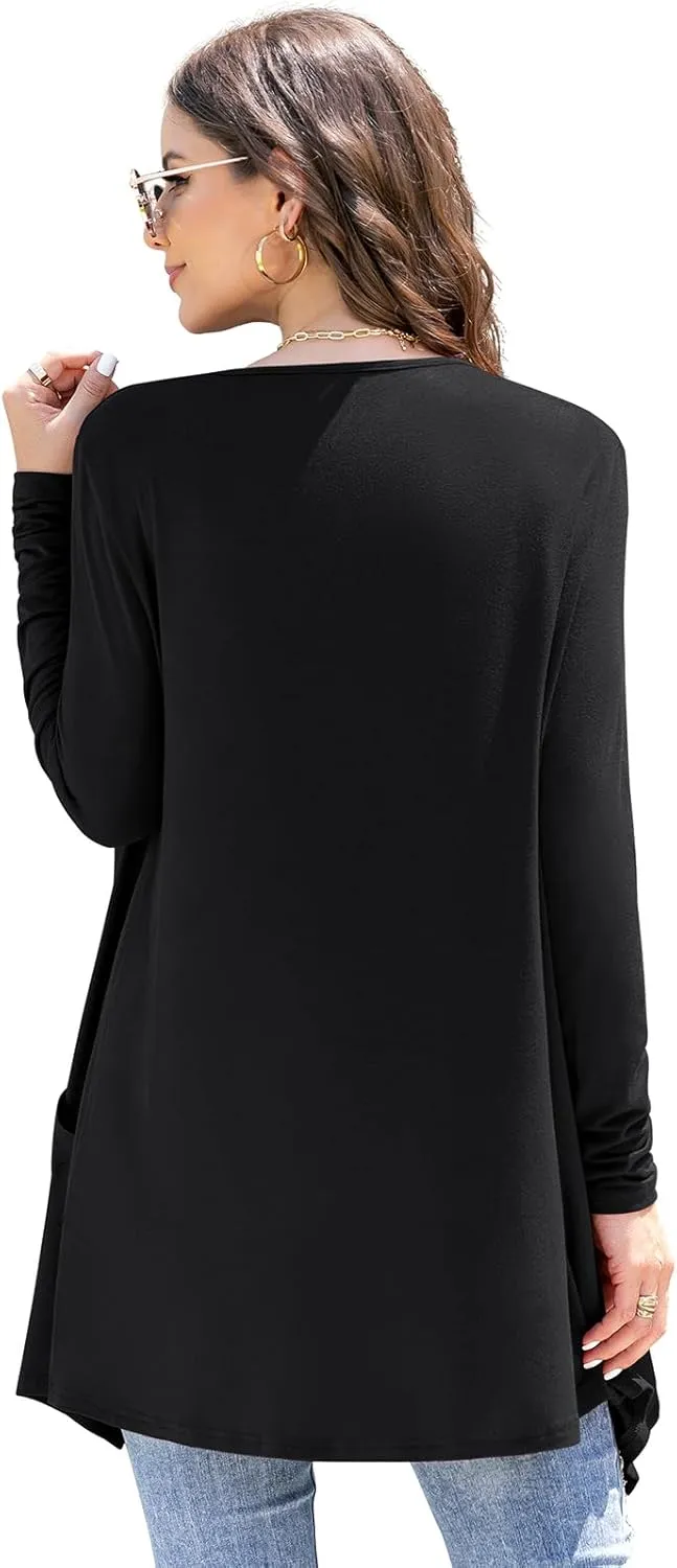 Women's Lightweight Cardigan Casual Soft Long Sleeve Floral Knit Cardigans with Pockets High Low Hem Draped Duster