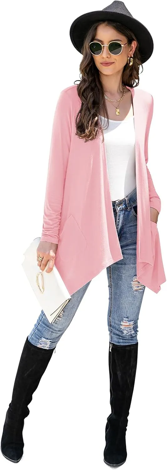 Women's Lightweight Cardigan Casual Soft Long Sleeve Floral Knit Cardigans with Pockets High Low Hem Draped Duster
