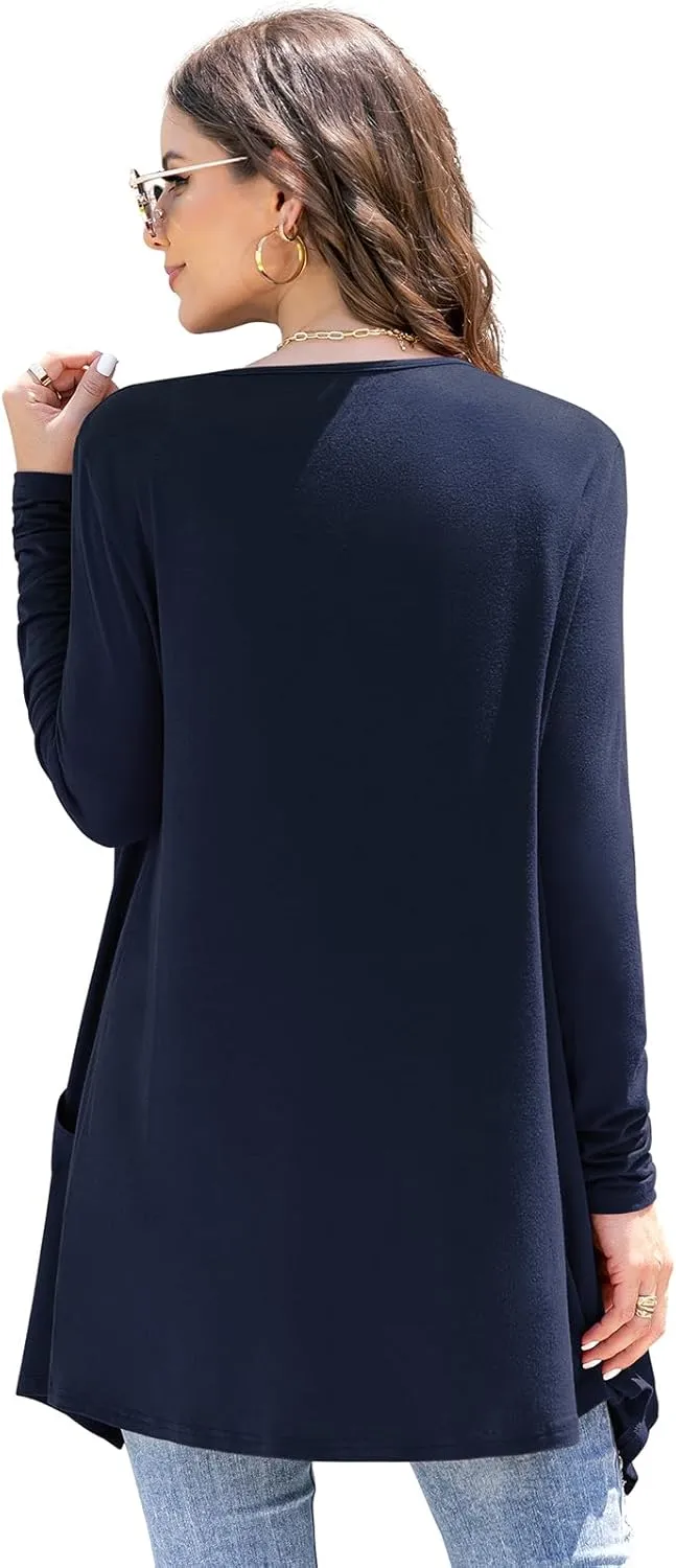 Women's Lightweight Cardigan Casual Soft Long Sleeve Floral Knit Cardigans with Pockets High Low Hem Draped Duster