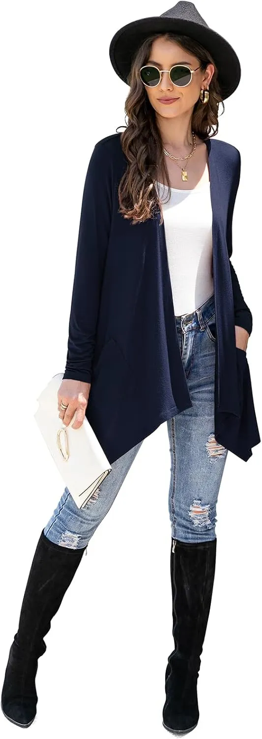Women's Lightweight Cardigan Casual Soft Long Sleeve Floral Knit Cardigans with Pockets High Low Hem Draped Duster