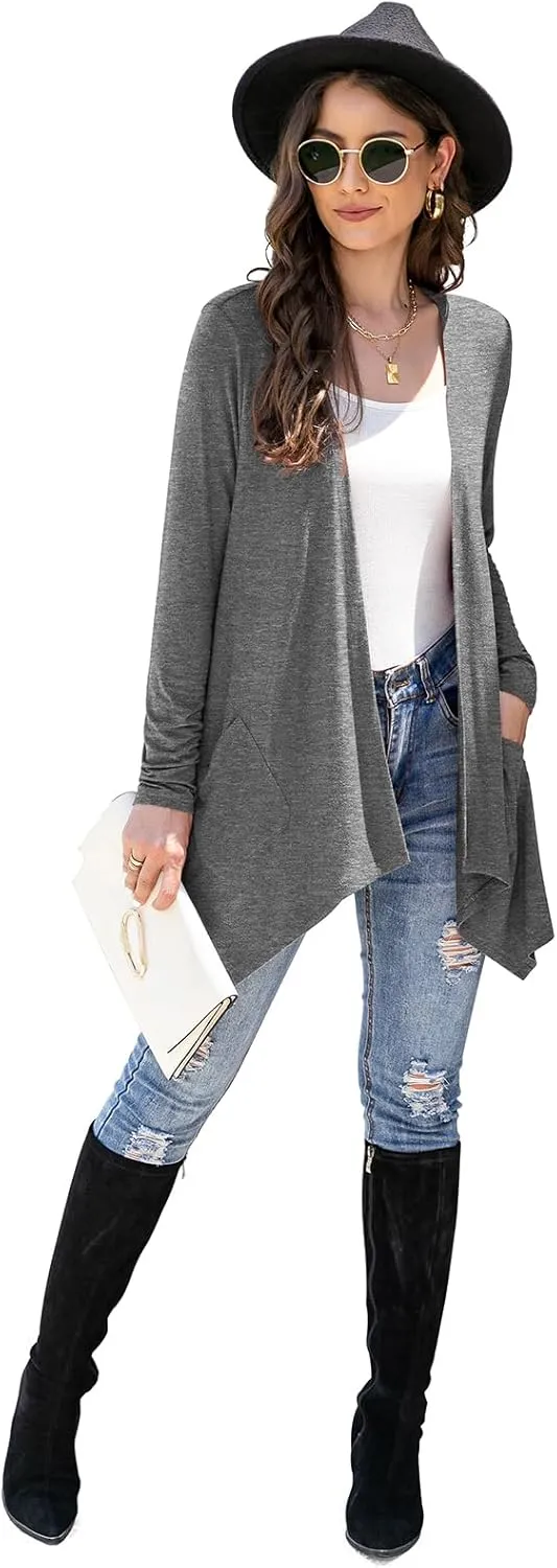 Women's Lightweight Cardigan Casual Soft Long Sleeve Floral Knit Cardigans with Pockets High Low Hem Draped Duster