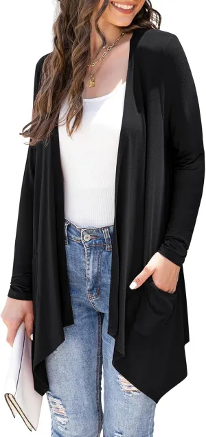 Women's Lightweight Cardigan Casual Soft Long Sleeve Floral Knit Cardigans with Pockets High Low Hem Draped Duster