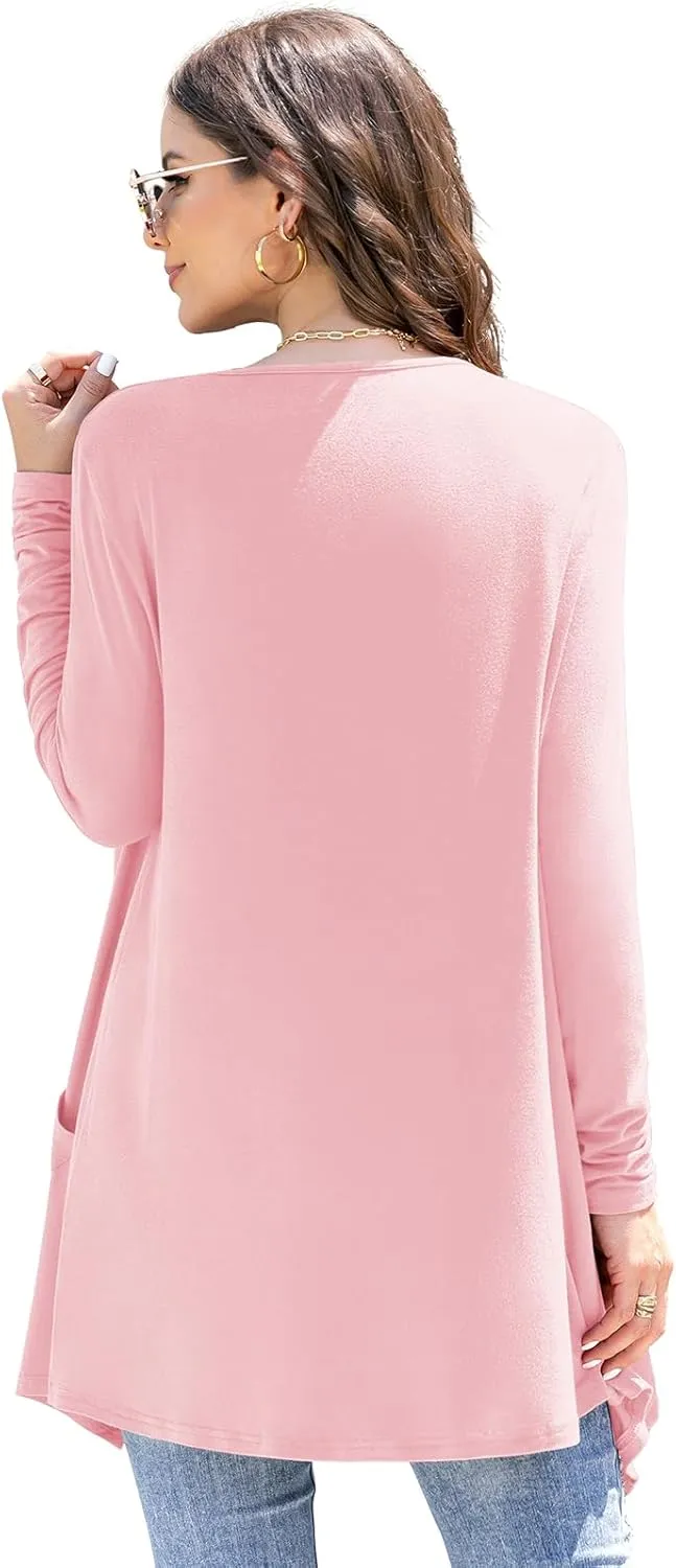 Women's Lightweight Cardigan Casual Soft Long Sleeve Floral Knit Cardigans with Pockets High Low Hem Draped Duster