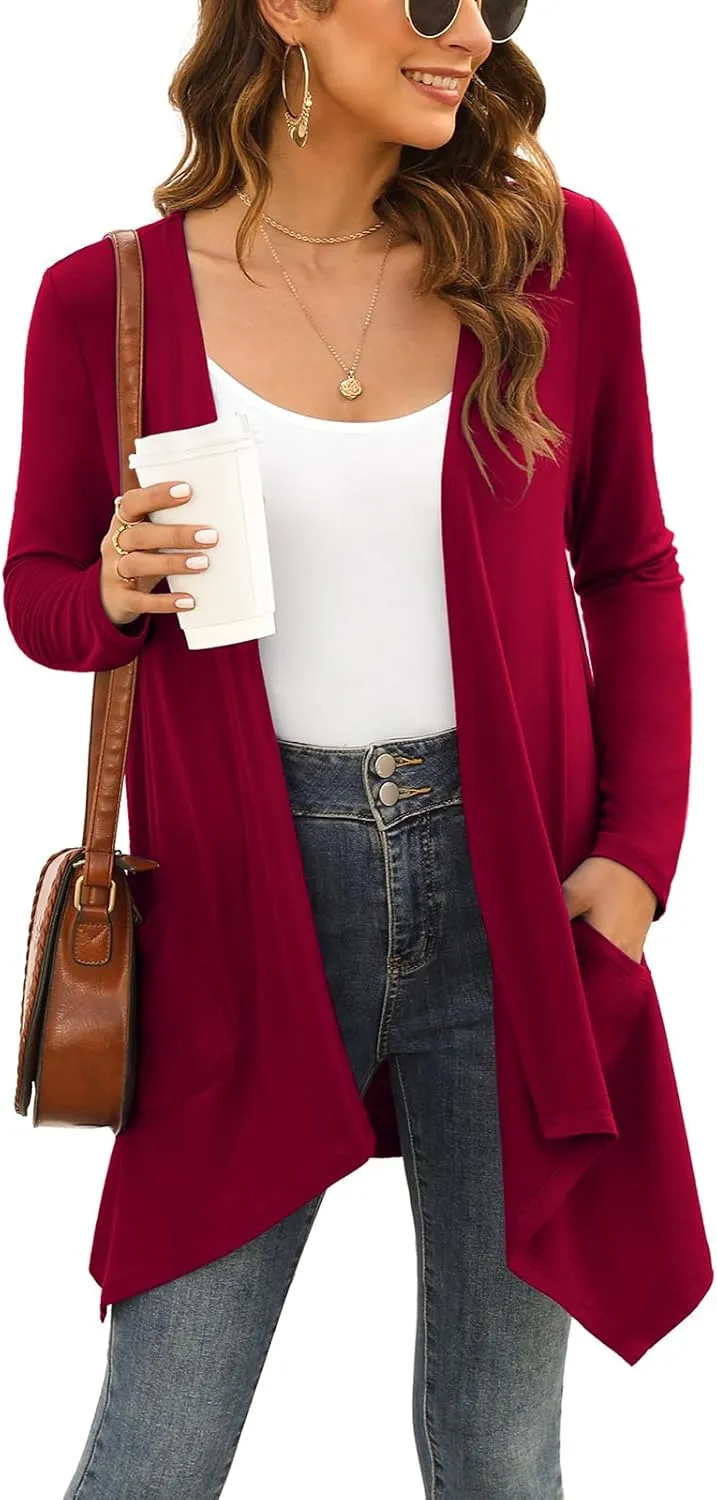 Women's Lightweight Cardigan Casual Soft Long Sleeve Floral Knit Cardigans with Pockets High Low Hem Draped Duster