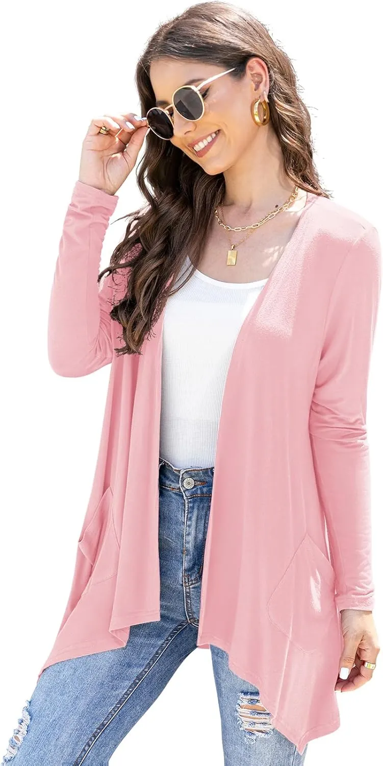 Women's Lightweight Cardigan Casual Soft Long Sleeve Floral Knit Cardigans with Pockets High Low Hem Draped Duster