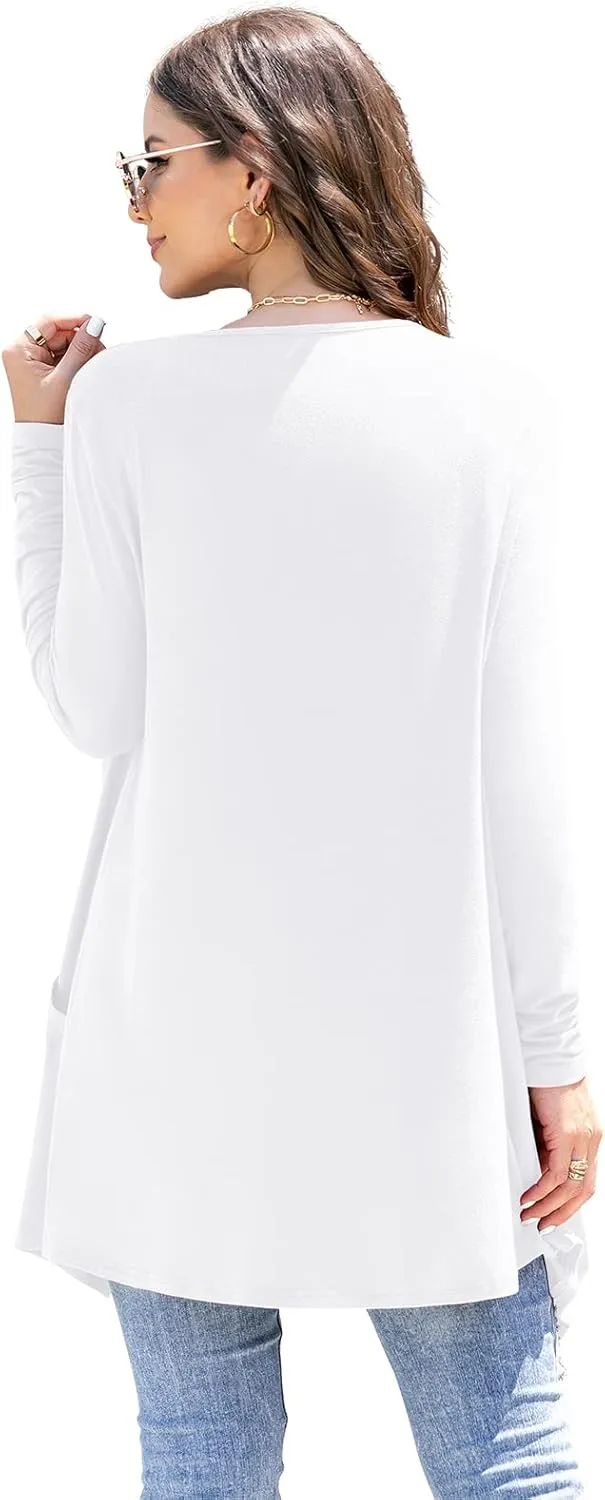 Women's Lightweight Cardigan Casual Soft Long Sleeve Floral Knit Cardigans with Pockets High Low Hem Draped Duster
