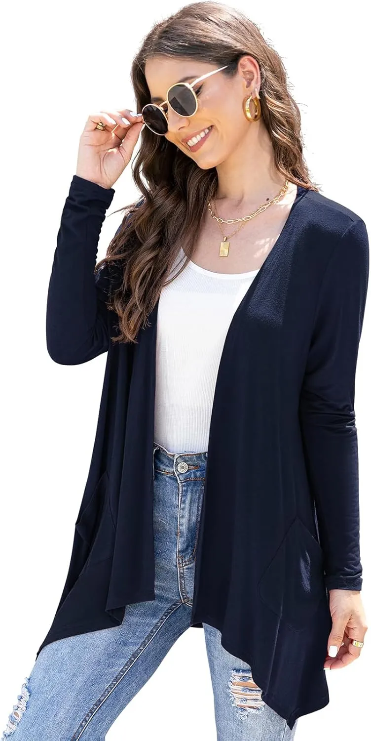 Women's Lightweight Cardigan Casual Soft Long Sleeve Floral Knit Cardigans with Pockets High Low Hem Draped Duster