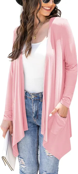 Women's Lightweight Cardigan Casual Soft Long Sleeve Floral Knit Cardigans with Pockets High Low Hem Draped Duster