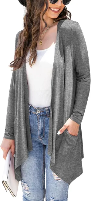 Women's Lightweight Cardigan Casual Soft Long Sleeve Floral Knit Cardigans with Pockets High Low Hem Draped Duster