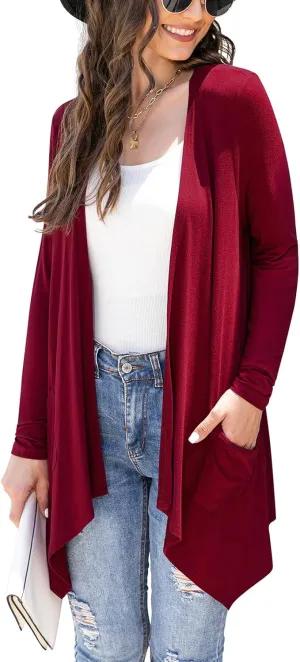 Women's Lightweight Cardigan Casual Soft Long Sleeve Floral Knit Cardigans with Pockets High Low Hem Draped Duster