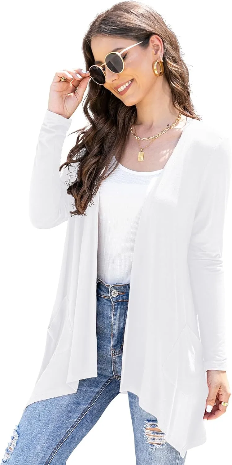 Women's Lightweight Cardigan Casual Soft Long Sleeve Floral Knit Cardigans with Pockets High Low Hem Draped Duster