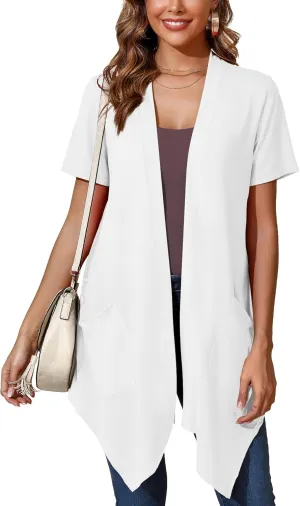 Women's Lightweight Open Front Cardigans Short Sleeve Casual Soft Drape Summer Cardigan with Pockets S-2XL