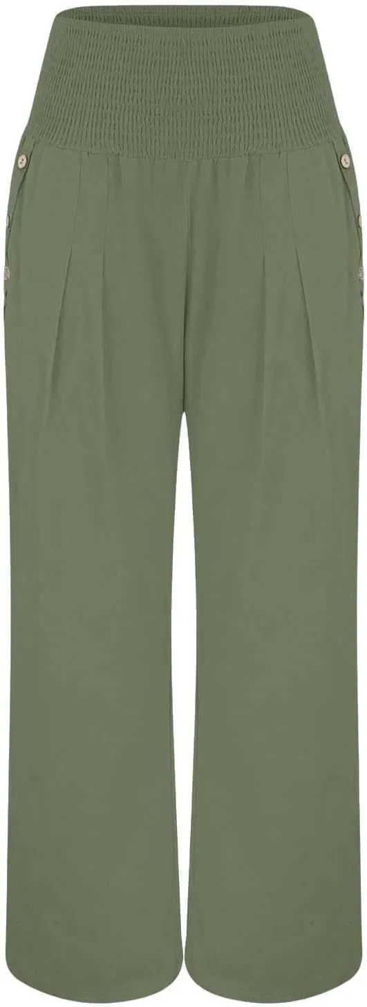 Womens Linen Pants 2025 Summer Trendy Wide Leg High Waist Palazzo Trousers Casual Smocked Flowy Beach Trousers