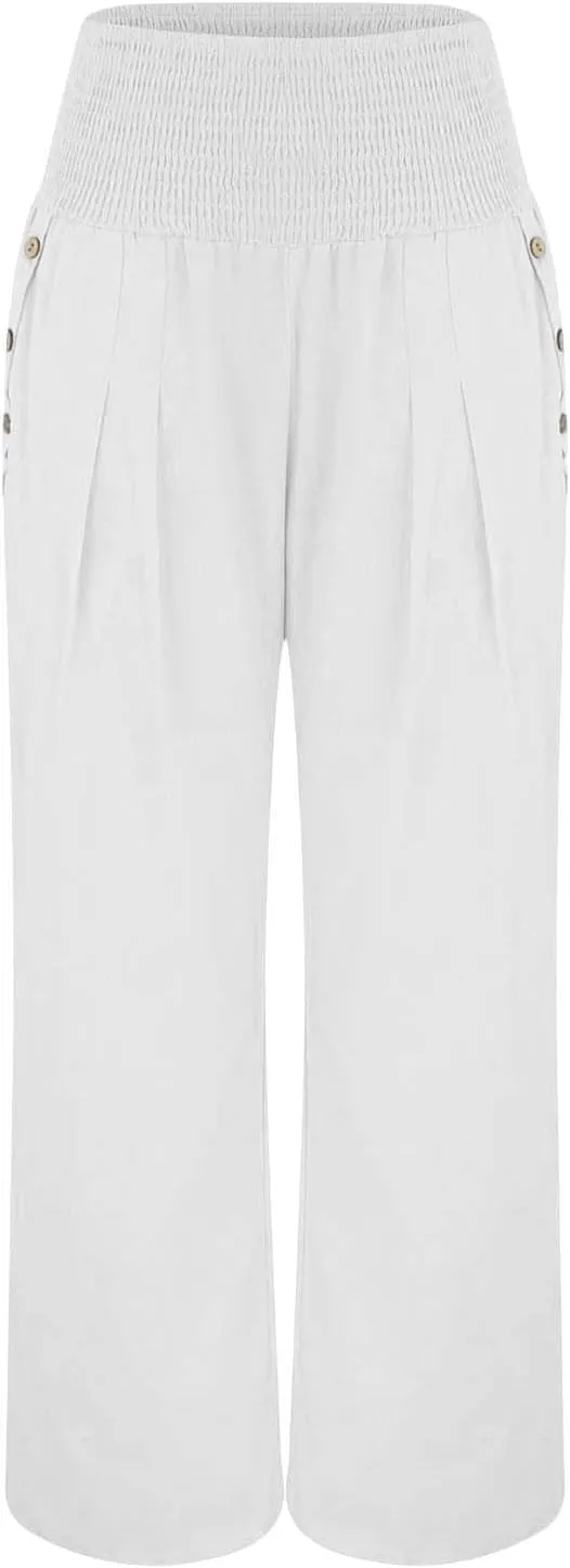 Womens Linen Pants 2025 Summer Trendy Wide Leg High Waist Palazzo Trousers Casual Smocked Flowy Beach Trousers