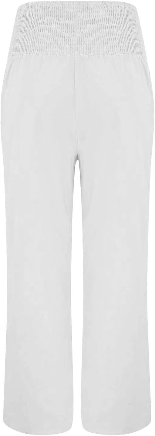 Womens Linen Pants 2025 Summer Trendy Wide Leg High Waist Palazzo Trousers Casual Smocked Flowy Beach Trousers